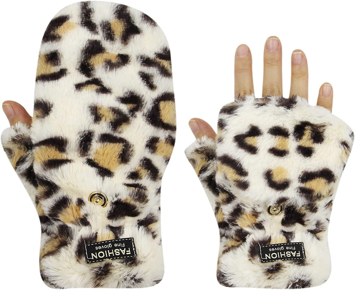 AIBEARTY Women Girls Winter Warm Gloves Plush Leopard Print Convertible Flip Top Gloves Half Finger Fingerless Mittens Apparel & Accessories > Clothing Accessories > Gloves & Mittens AIBEARTY   