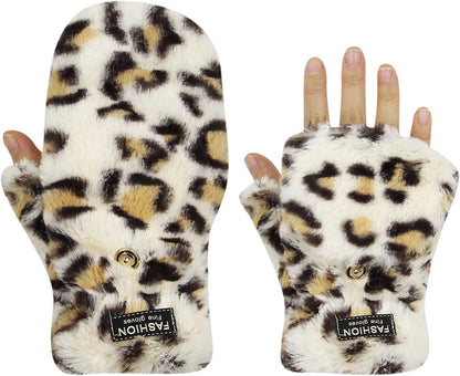 AIBEARTY Women Girls Winter Warm Gloves Plush Leopard Print Convertible Flip Top Gloves Half Finger Fingerless Mittens Apparel & Accessories > Clothing Accessories > Gloves & Mittens AIBEARTY   