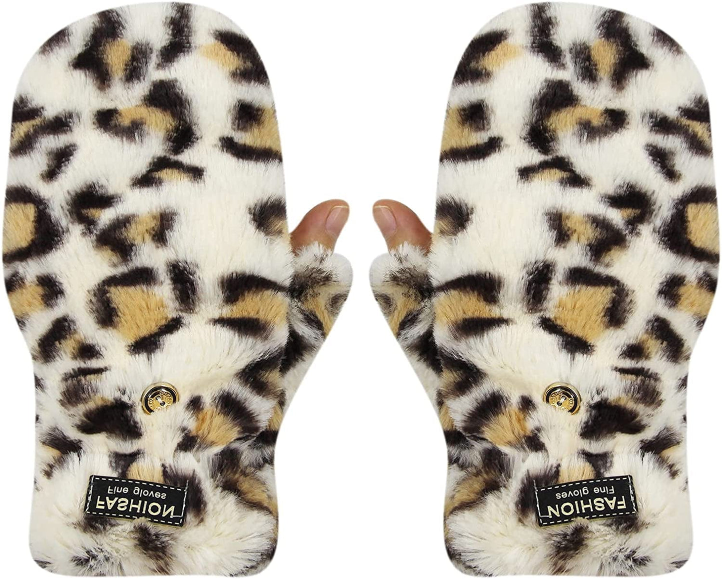 AIBEARTY Women Girls Winter Warm Gloves Plush Leopard Print Convertible Flip Top Gloves Half Finger Fingerless Mittens Apparel & Accessories > Clothing Accessories > Gloves & Mittens AIBEARTY   