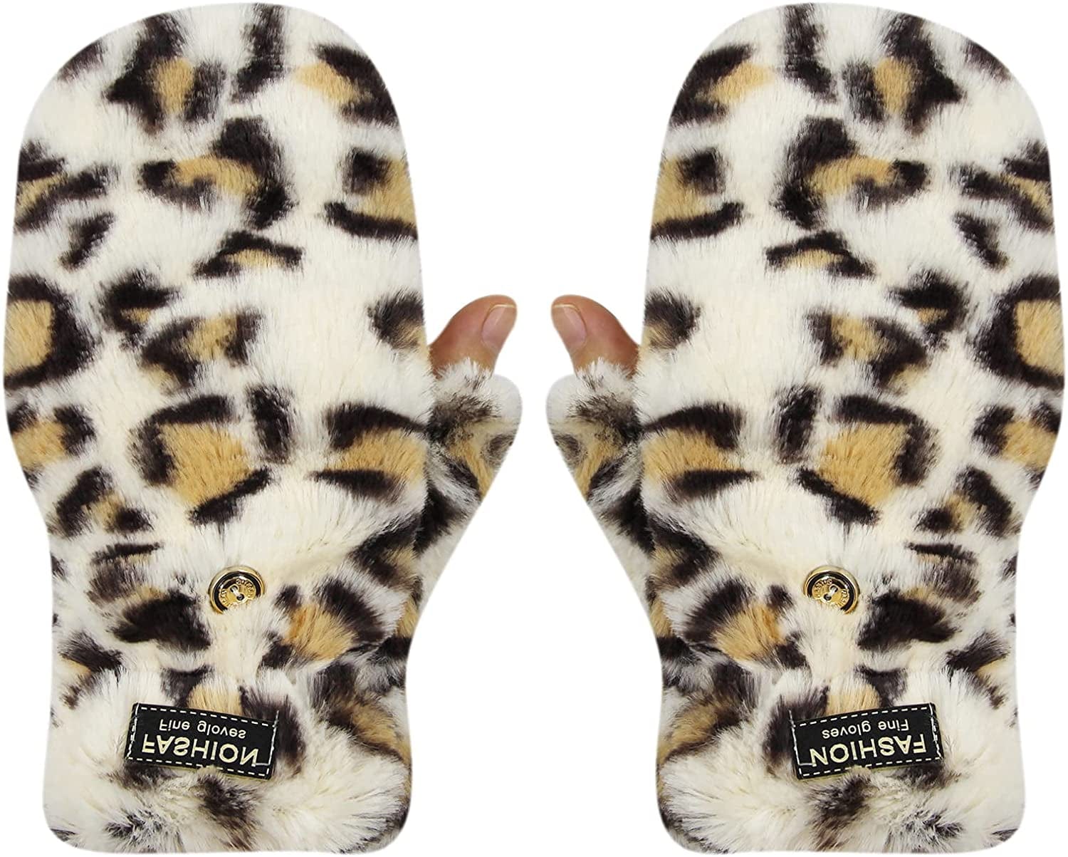 AIBEARTY Women Girls Winter Warm Gloves Plush Leopard Print Convertible Flip Top Gloves Half Finger Fingerless Mittens Apparel & Accessories > Clothing Accessories > Gloves & Mittens AIBEARTY   