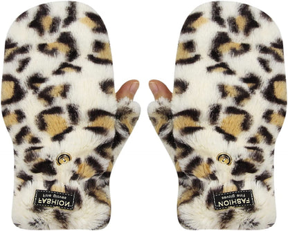 AIBEARTY Women Girls Winter Warm Gloves Plush Leopard Print Convertible Flip Top Gloves Half Finger Fingerless Mittens Apparel & Accessories > Clothing Accessories > Gloves & Mittens AIBEARTY   