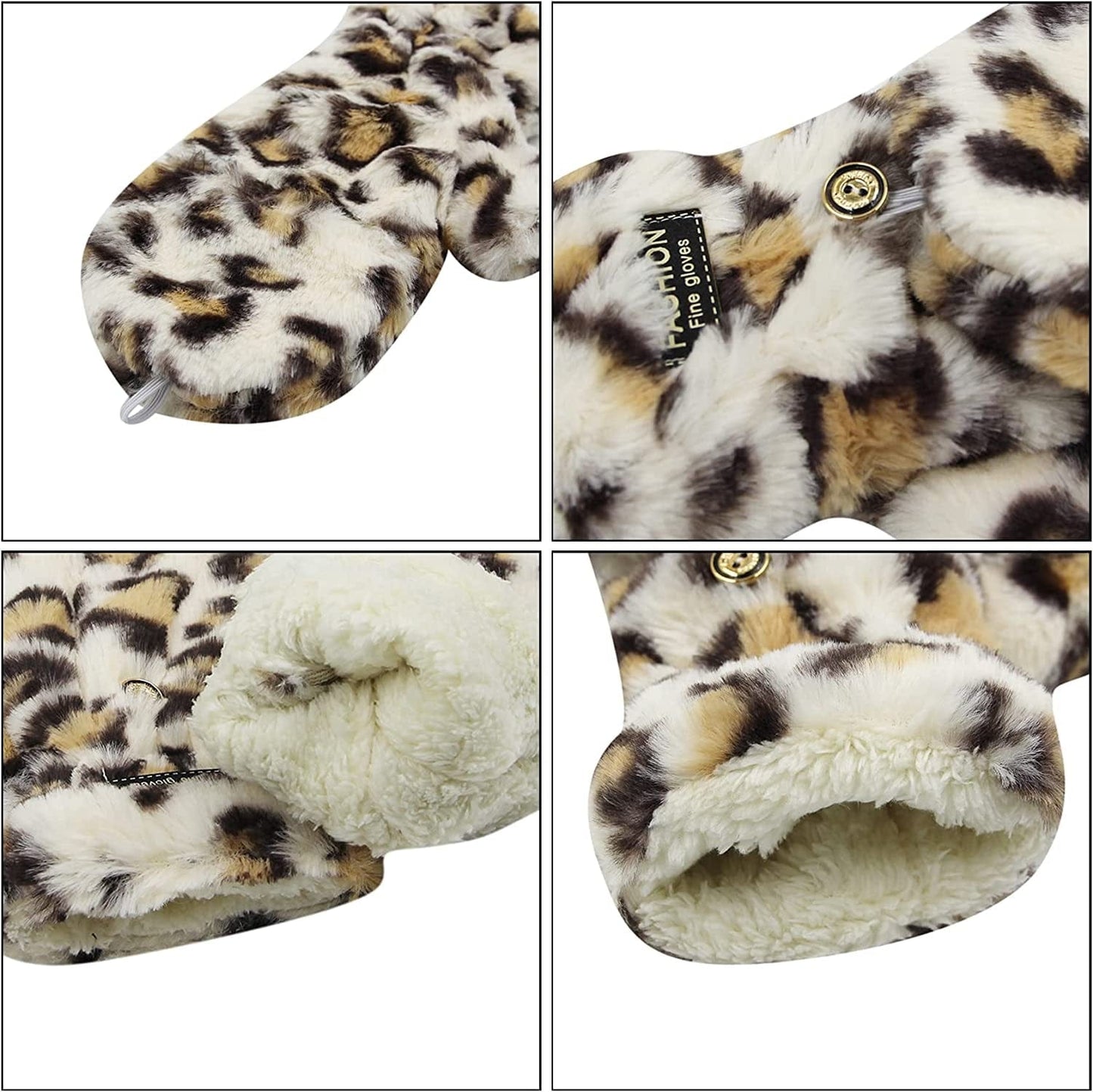 AIBEARTY Women Girls Winter Warm Gloves Plush Leopard Print Convertible Flip Top Gloves Half Finger Fingerless Mittens Apparel & Accessories > Clothing Accessories > Gloves & Mittens AIBEARTY   