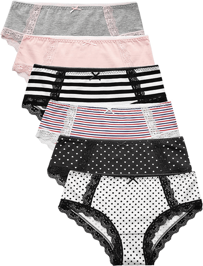 AIDI GOOSE Women'S 5-Pack Lace Underwear Low Waist Bikini Panties Stretch Hipster Brief Apparel & Accessories > Clothing > Underwear & Socks > Underwear AIDI GOOSE #7a(pink/Gray/2strips/2dots) Medium 