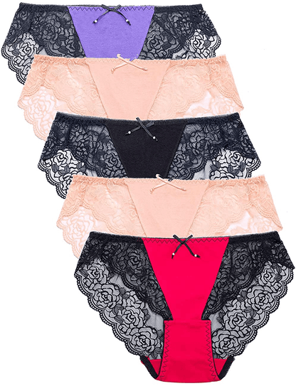 AIDI GOOSE Women'S 5-Pack Lace Underwear Low Waist Bikini Panties Stretch Hipster Brief Apparel & Accessories > Clothing > Underwear & Socks > Underwear AIDI GOOSE #2(2pink+1purple+1red+1black) Medium 
