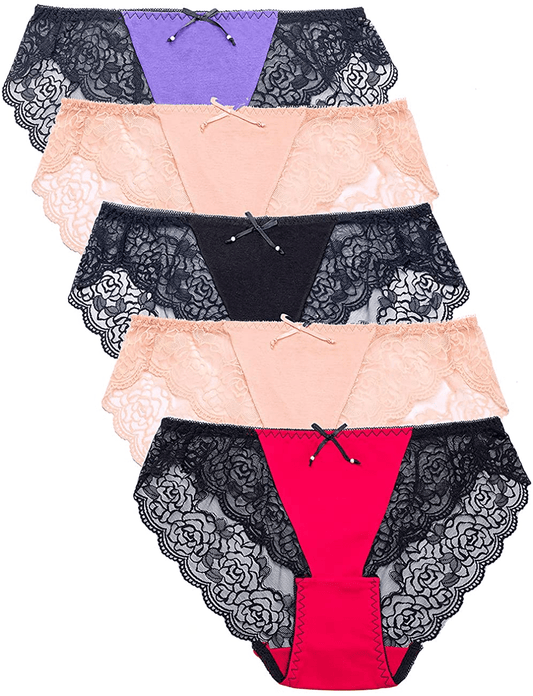 AIDI GOOSE Women'S 5-Pack Lace Underwear Low Waist Bikini Panties Stretch Hipster Brief Apparel & Accessories > Clothing > Underwear & Socks > Underwear AIDI GOOSE #2(2pink+1purple+1red+1black) Medium 