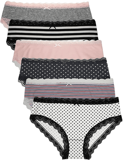 AIDI GOOSE Women'S 5-Pack Lace Underwear Low Waist Bikini Panties Stretch Hipster Brief Apparel & Accessories > Clothing > Underwear & Socks > Underwear AIDI GOOSE #7b(pink/Gray/2strips/2dots) XX-Large 