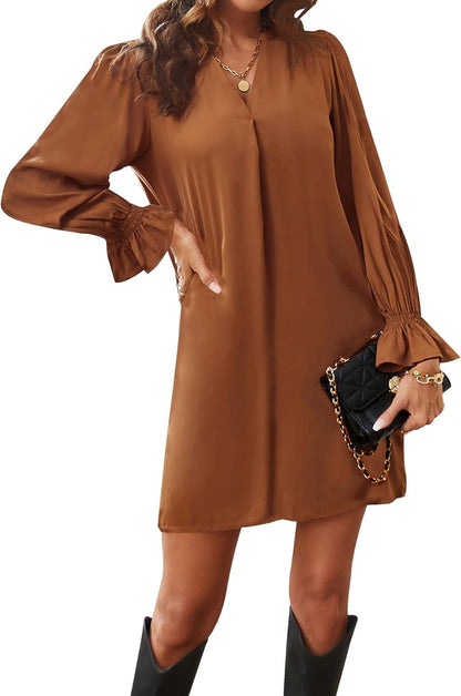 Ailsi Womens Fall Casual Shift Dress Long Sleeve V Neck Tunic Dresses for Women 2023 Trendy Caramel / Small
