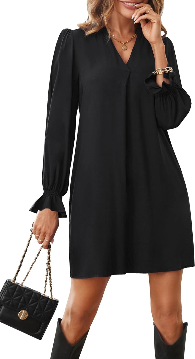 Ailsi Womens Fall Casual Shift Dress Long Sleeve V Neck Tunic Dresses for Women 2023 Trendy Black / Medium