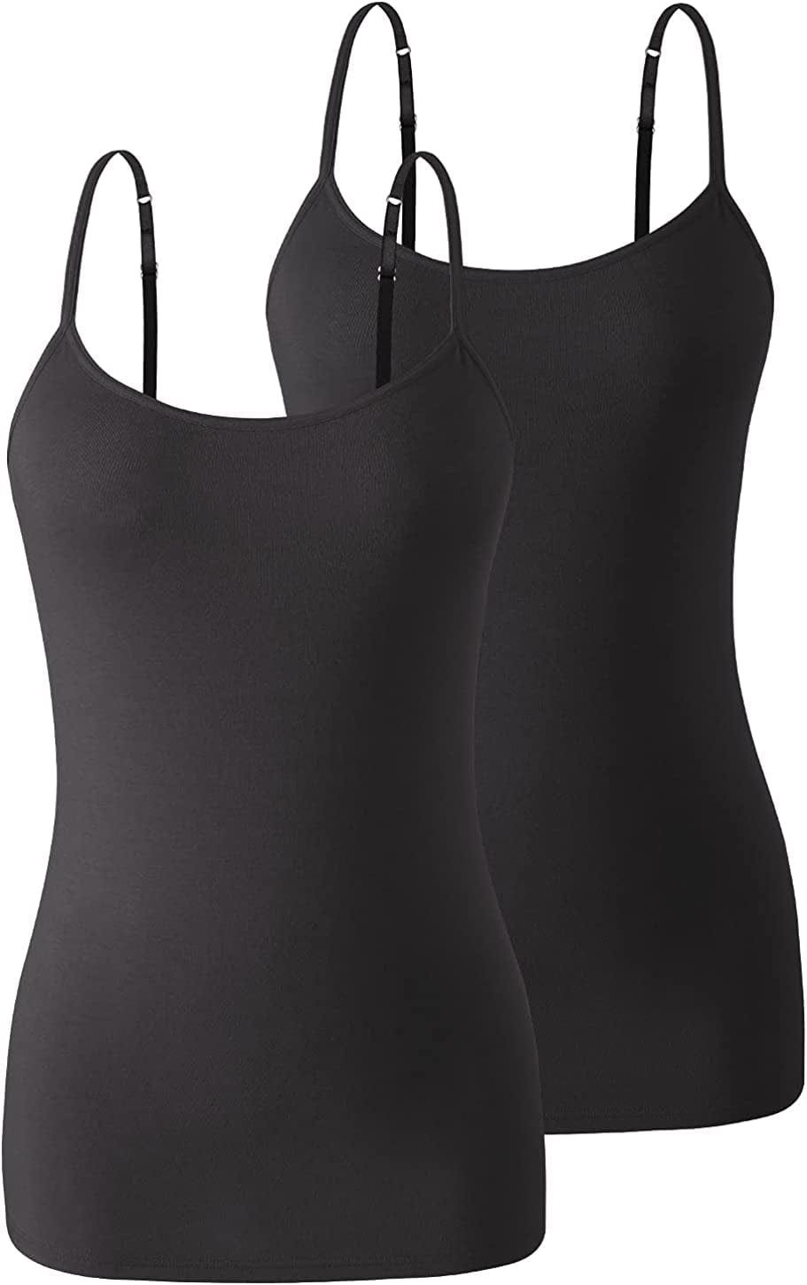 Air Curvey Womens Camisole with Shelf Bra Cotton Undershirts Adjustable Strap Camis Spaghetti Strap Tank Tops 2-3 Pack S-XXL Black/Black / Medium