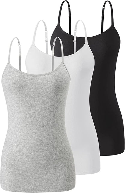 Air Curvey Womens Camisole with Shelf Bra Cotton Undershirts Adjustable Strap Camis Spaghetti Strap Tank Tops 2-3 Pack S-XXL A-black/White/Grey / X-Large