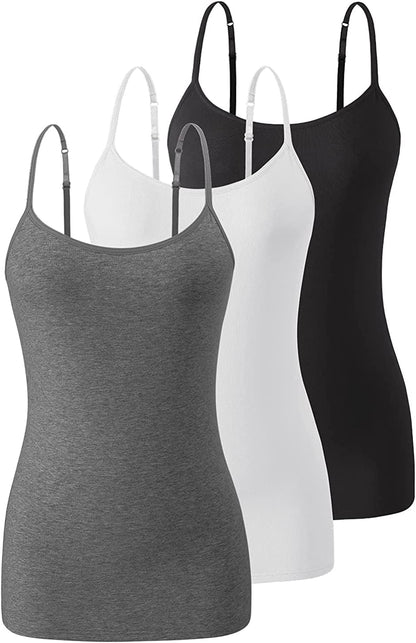 Air Curvey Womens Camisole with Shelf Bra Cotton Undershirts Adjustable Strap Camis Spaghetti Strap Tank Tops 2-3 Pack S-XXL B-black/White/Darkgrey / X-Large