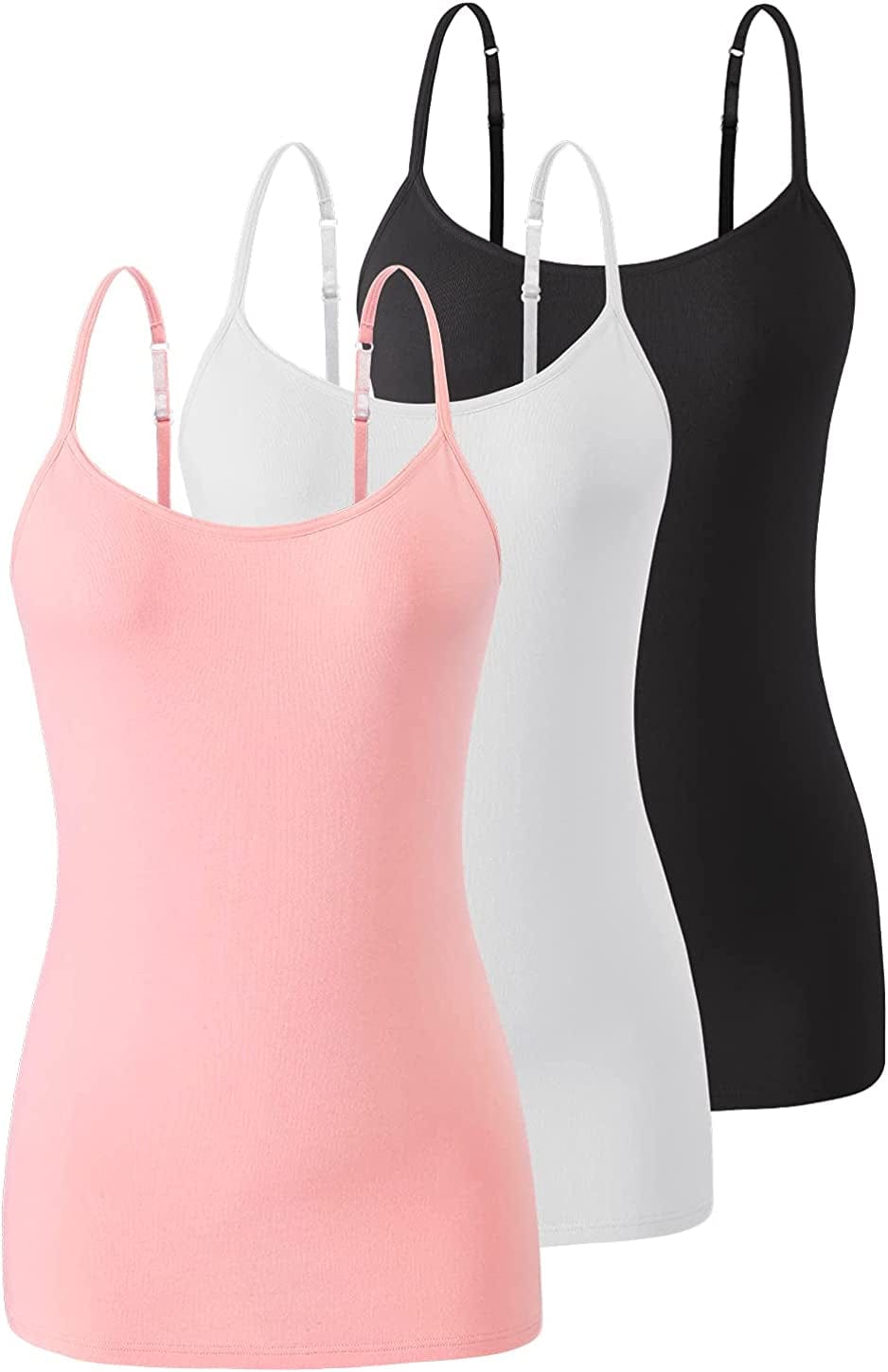 Air Curvey Womens Camisole with Shelf Bra Cotton Undershirts Adjustable Strap Camis Spaghetti Strap Tank Tops 2-3 Pack S-XXL Black/White/Pink / XX-Large