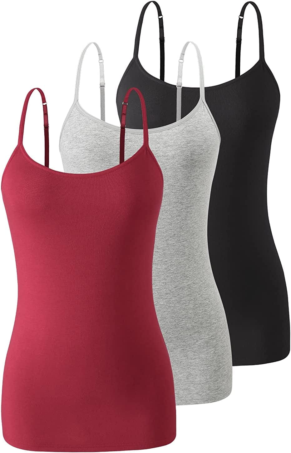 Air Curvey Womens Camisole with Shelf Bra Cotton Undershirts Adjustable Strap Camis Spaghetti Strap Tank Tops 2-3 Pack S-XXL Black/Gray/Wine Red / XX-Large