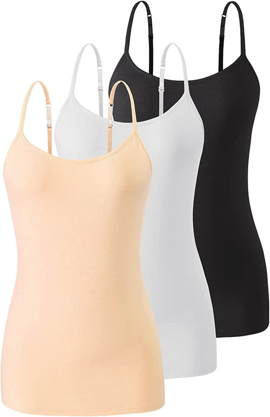 Air Curvey Womens Camisole with Shelf Bra Cotton Undershirts Adjustable Strap Camis Spaghetti Strap Tank Tops 2-3 Pack S-XXL Black/White/Apricot / Medium