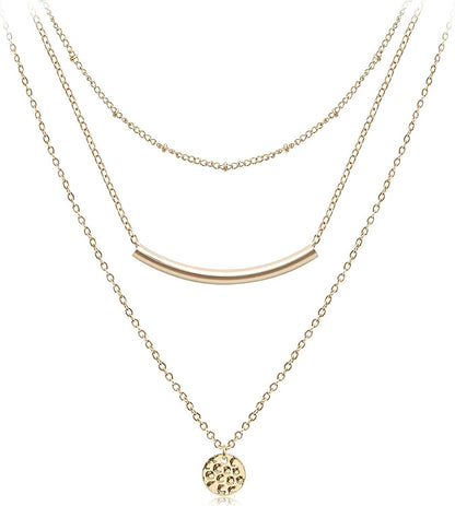 Aisansty Dainty Layered Choker Necklaces Handmade Coin Tube Star Pearl Pendant Multilayer Adjustable Layering Chain Gold Plated Necklaces Set for Women Girls Golden-Textured Disc&Bar