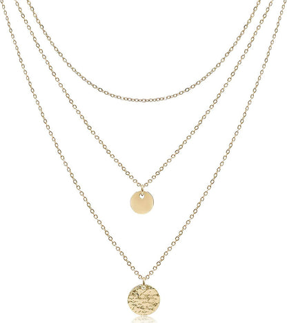 Aisansty Dainty Layered Choker Necklaces Handmade Coin Tube Star Pearl Pendant Multilayer Adjustable Layering Chain Gold Plated Necklaces Set for Women Girls Golden-Full Moon&Disc