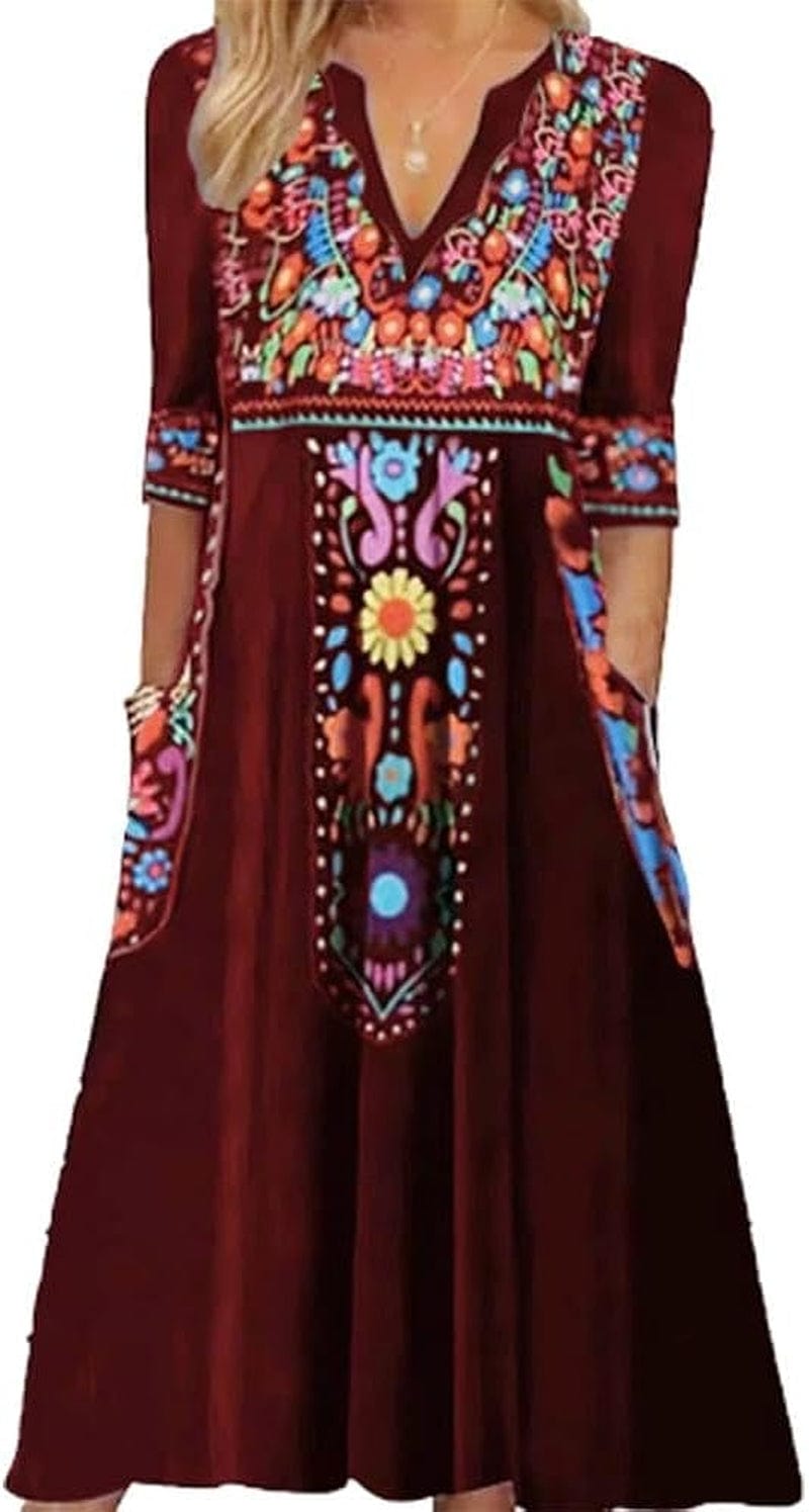 Akivide Fall Mexican Dress for Women,3/4 Sleeve V Neck Floral Embroidered Print Maxi Dresses with 2 Pockets Color_Red / Small