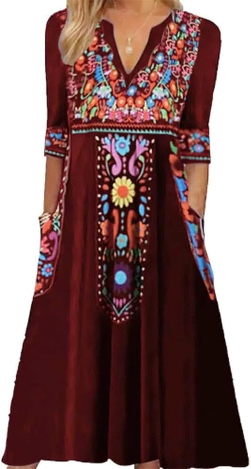 Akivide Fall Mexican Dress for Women,3/4 Sleeve V Neck Floral Embroidered Print Maxi Dresses with 2 Pockets Color_Red / Large