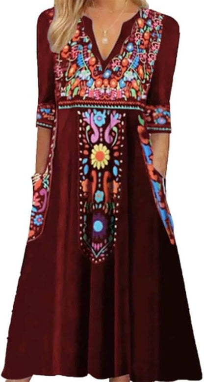 Akivide Fall Mexican Dress for Women,3/4 Sleeve V Neck Floral Embroidered Print Maxi Dresses with 2 Pockets Color_Red / Large