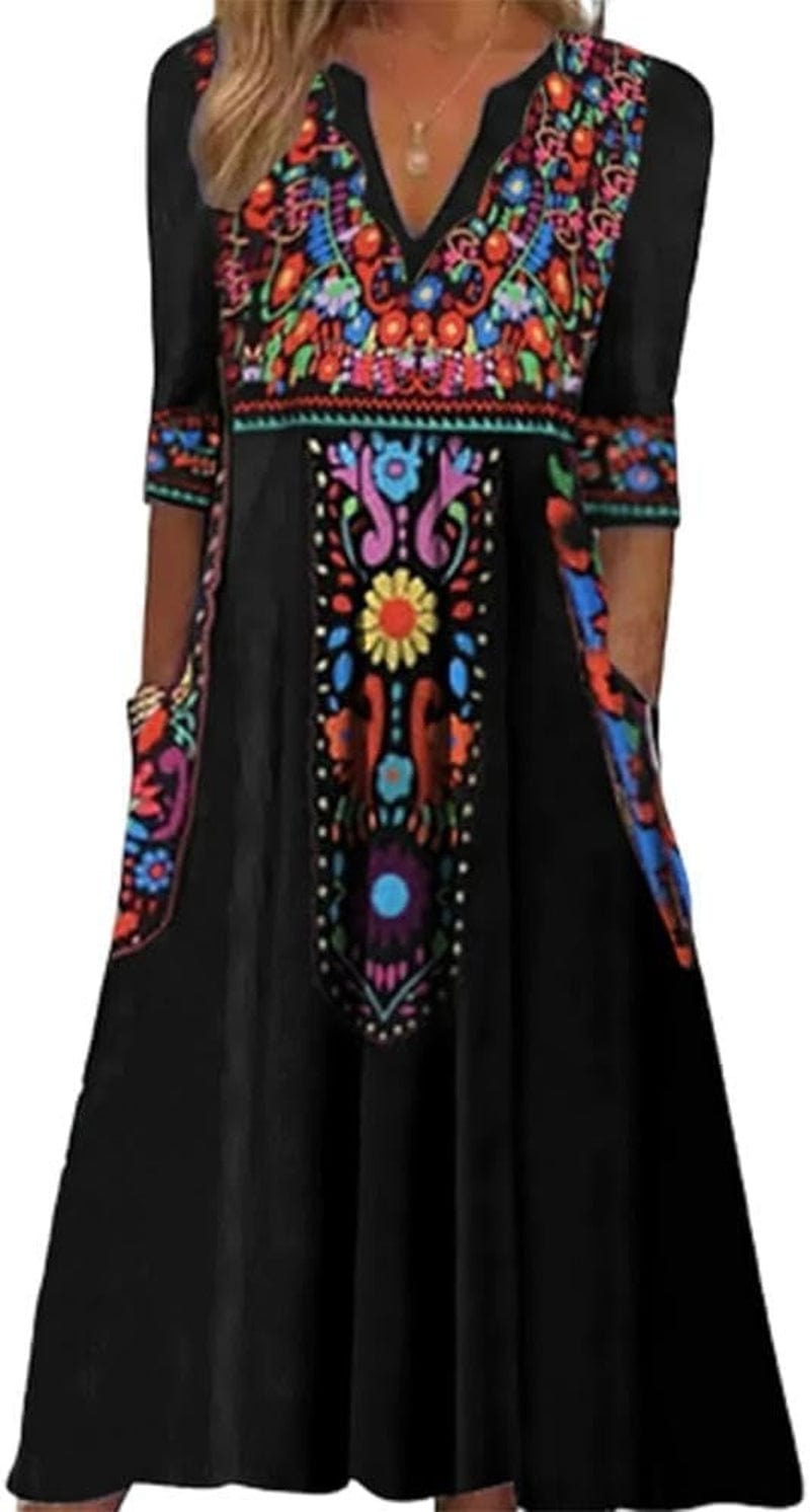 Akivide Fall Mexican Dress for Women,3/4 Sleeve V Neck Floral Embroidered Print Maxi Dresses with 2 Pockets Color_Black / Large