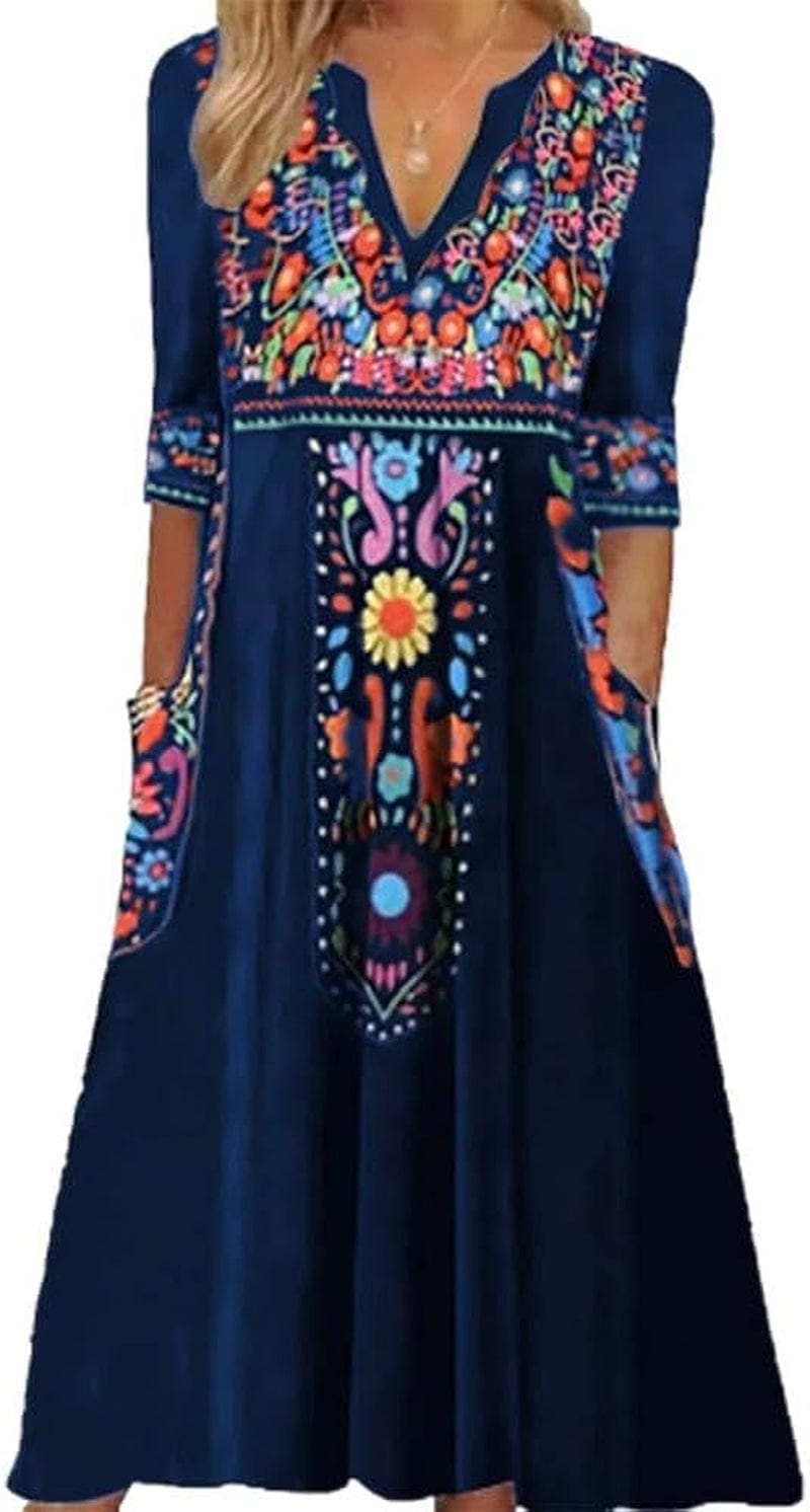 Akivide Fall Mexican Dress for Women,3/4 Sleeve V Neck Floral Embroidered Print Maxi Dresses with 2 Pockets Color_Blue / Small