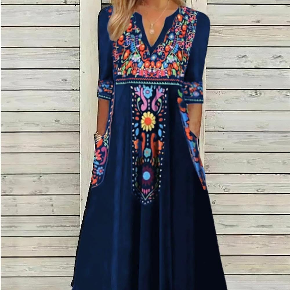 Akivide Fall Mexican Dress for Women,3/4 Sleeve V Neck Floral Embroidered Print Maxi Dresses with 2 Pockets