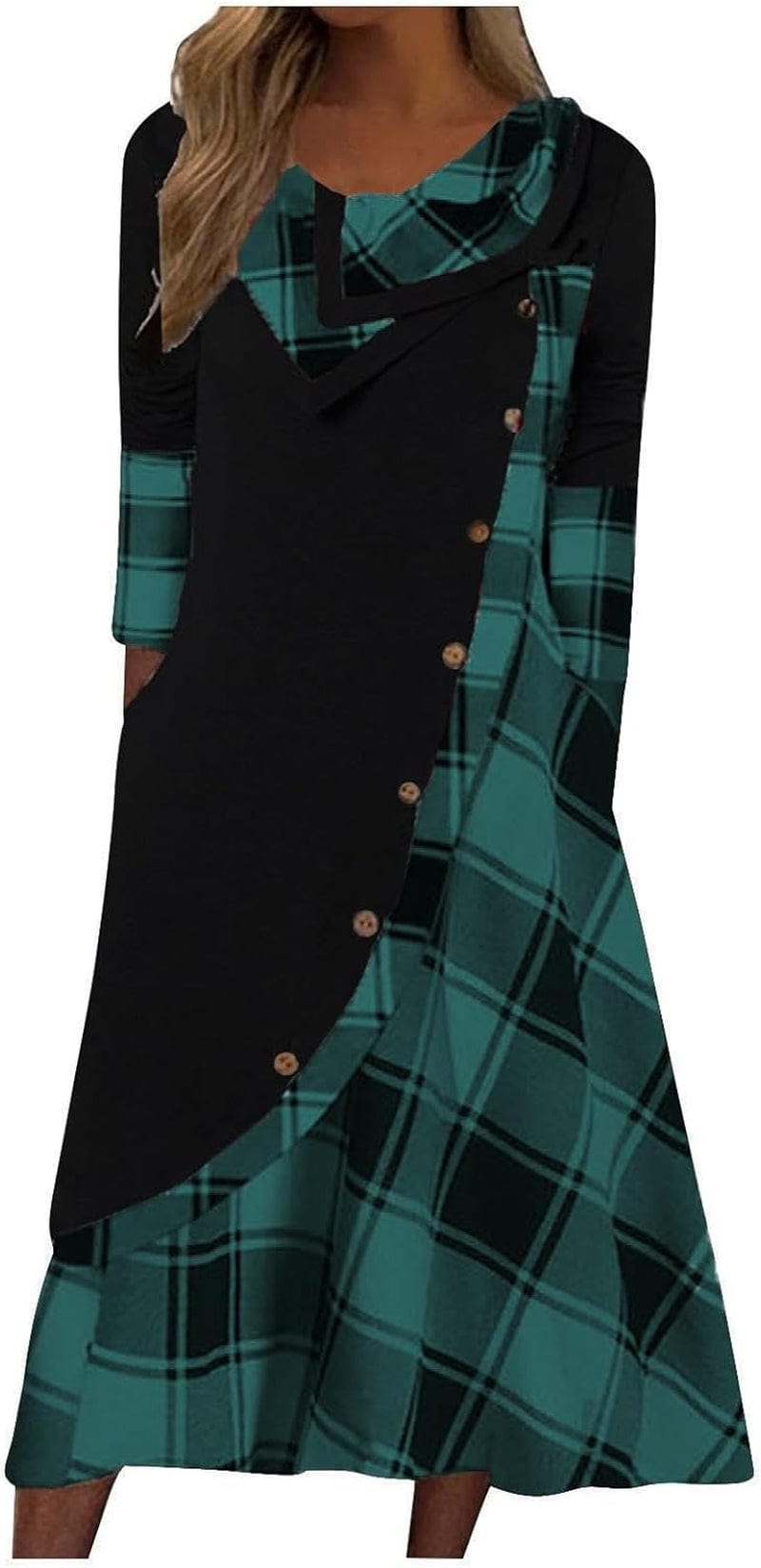 Akivide Plaid Print Splicing Dresses for Women Casual Long Sleeve Patchwork Maxi Dress with Pockets Blackgreen Plaid / Xx-Large