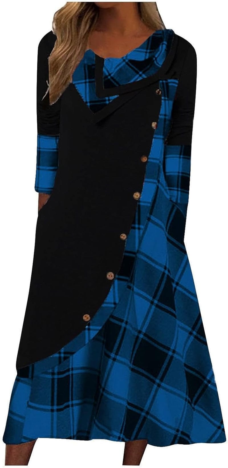 Akivide Plaid Print Splicing Dresses for Women Casual Long Sleeve Patchwork Maxi Dress with Pockets Blackblue Plaid / Large