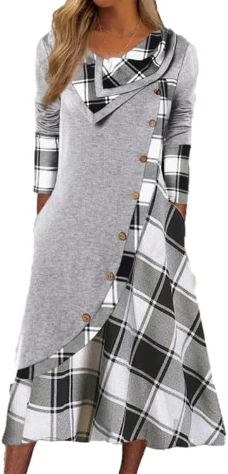 Akivide Plaid Print Splicing Dresses for Women Casual Long Sleeve Patchwork Maxi Dress with Pockets Grey Plaid / Medium