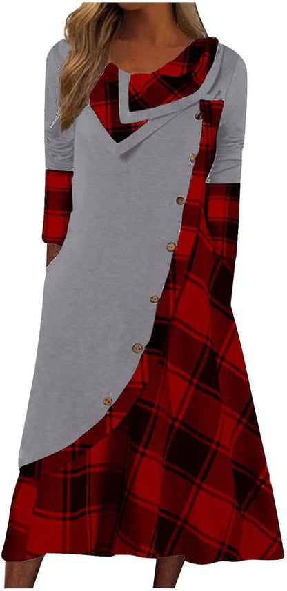 Akivide Plaid Print Splicing Dresses for Women Casual Long Sleeve Patchwork Maxi Dress with Pockets Greyred Plaid / Small