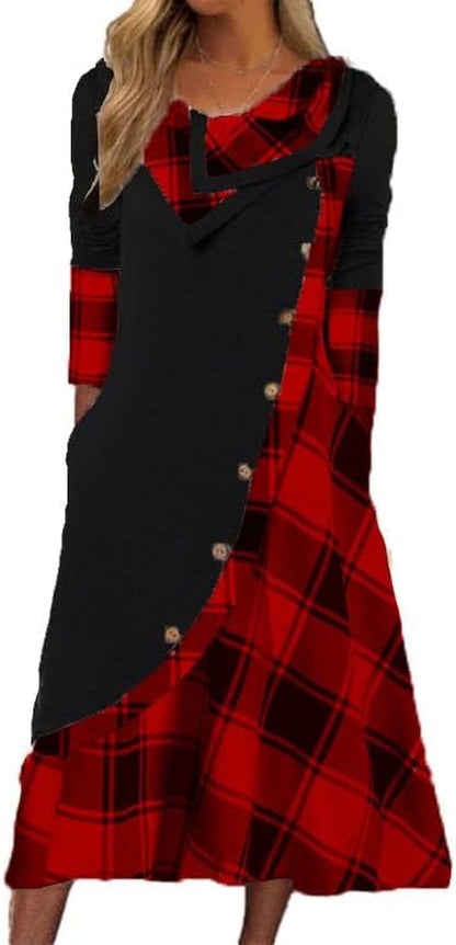 Akivide Plaid Print Splicing Dresses for Women Casual Long Sleeve Patchwork Maxi Dress with Pockets Red Plaid / Medium