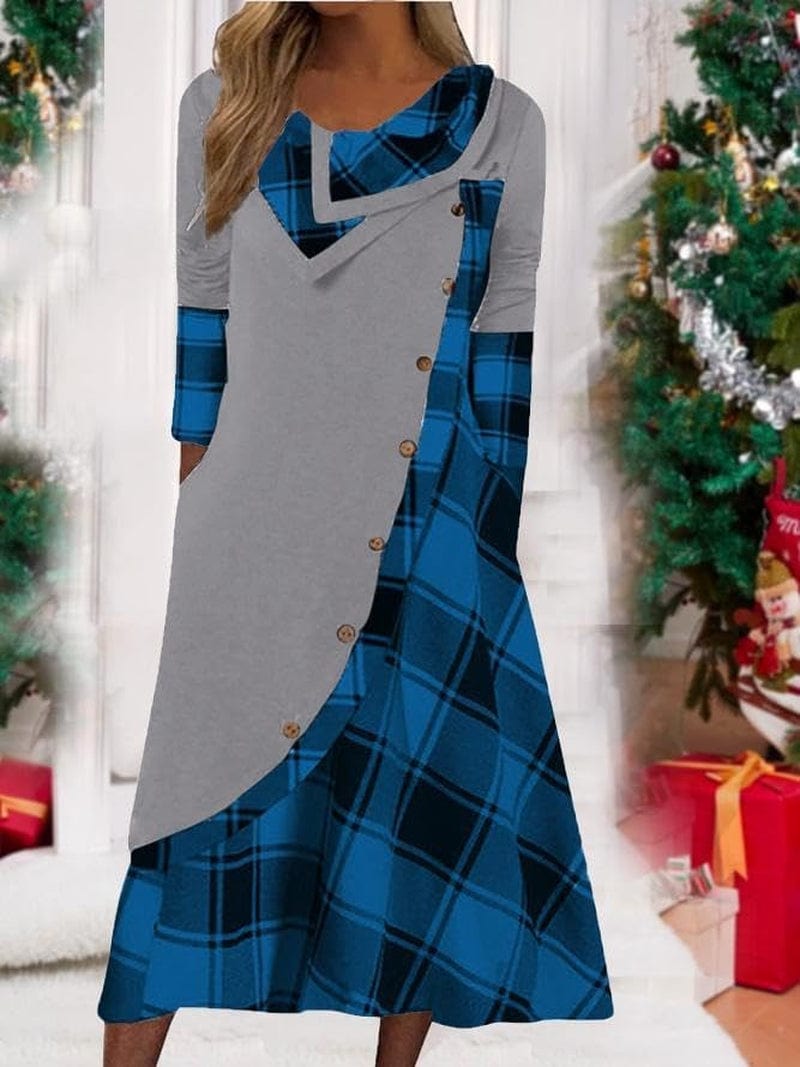 Akivide Plaid Print Splicing Dresses for Women Casual Long Sleeve Patchwork Maxi Dress with Pockets