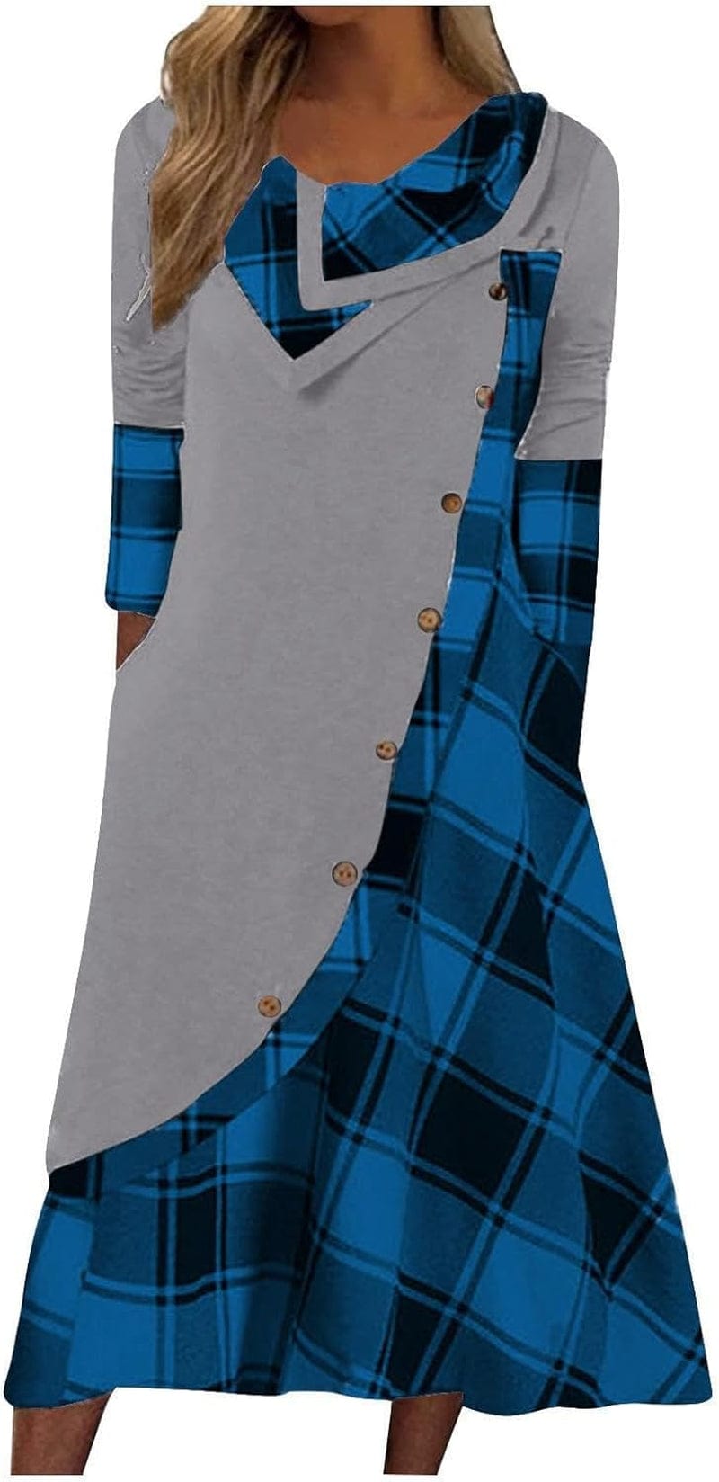 Akivide Plaid Print Splicing Dresses for Women Casual Long Sleeve Patchwork Maxi Dress with Pockets