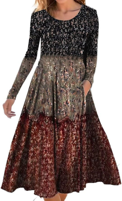 Akivide Women'S Ethnic Boho Floral Print Colorful Long Sleeve Maxi Dresses Casual Loose Flowy Dress with Pockets D / X-Large