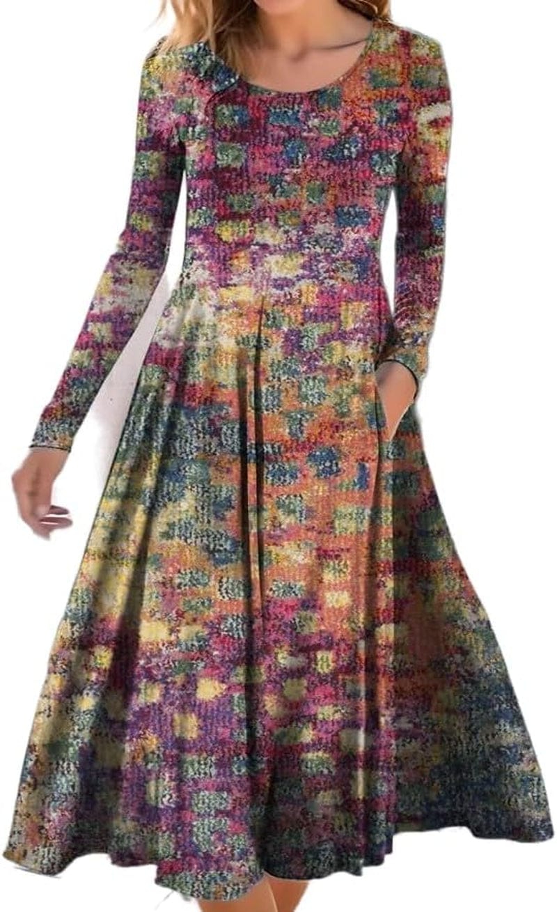 Akivide Women'S Ethnic Boho Floral Print Colorful Long Sleeve Maxi Dresses Casual Loose Flowy Dress with Pockets B / Large