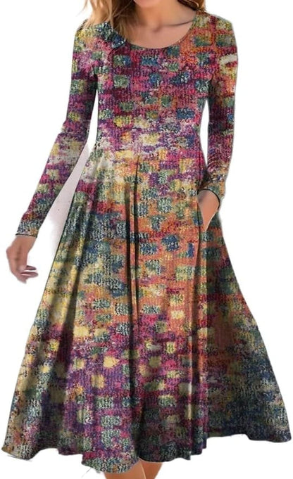 Akivide Women'S Ethnic Boho Floral Print Colorful Long Sleeve Maxi Dresses Casual Loose Flowy Dress with Pockets B / Large