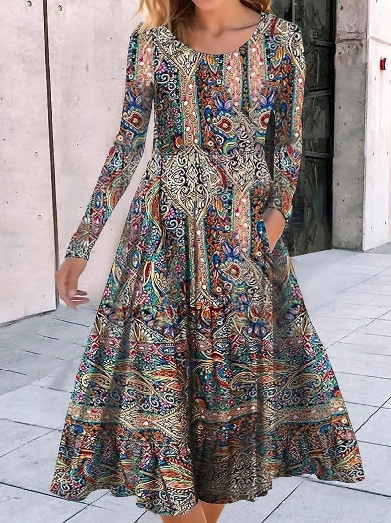 Akivide Women'S Ethnic Boho Floral Print Colorful Long Sleeve Maxi Dresses Casual Loose Flowy Dress with Pockets