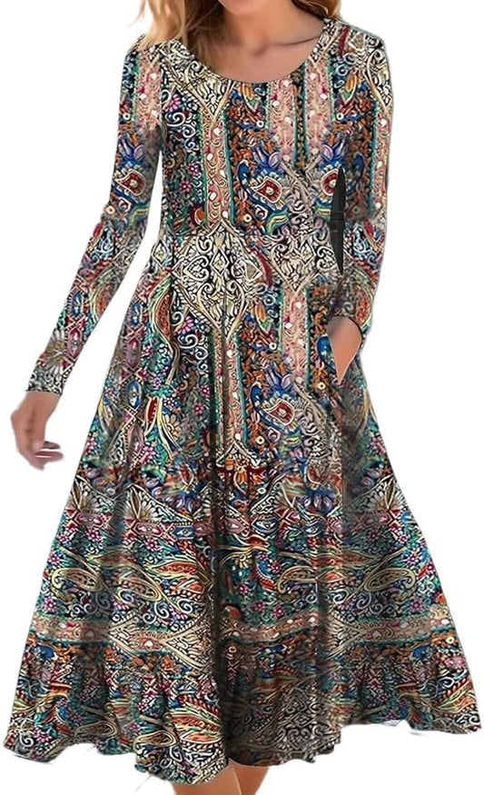 Akivide Women'S Ethnic Boho Floral Print Colorful Long Sleeve Maxi Dresses Casual Loose Flowy Dress with Pockets