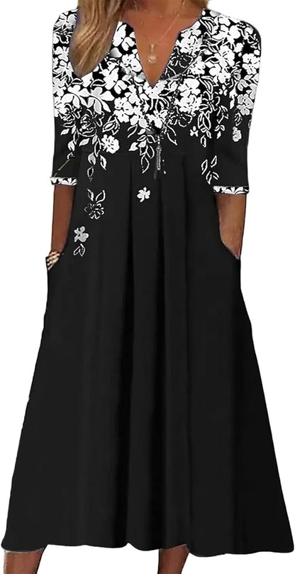 Akivide Women'S Fall 3/4 Sleeve V-Neck Boho Floral Print Dress Casual Loose High Waist Pullover Dresses for Women with Pocket Color_Black / Medium
