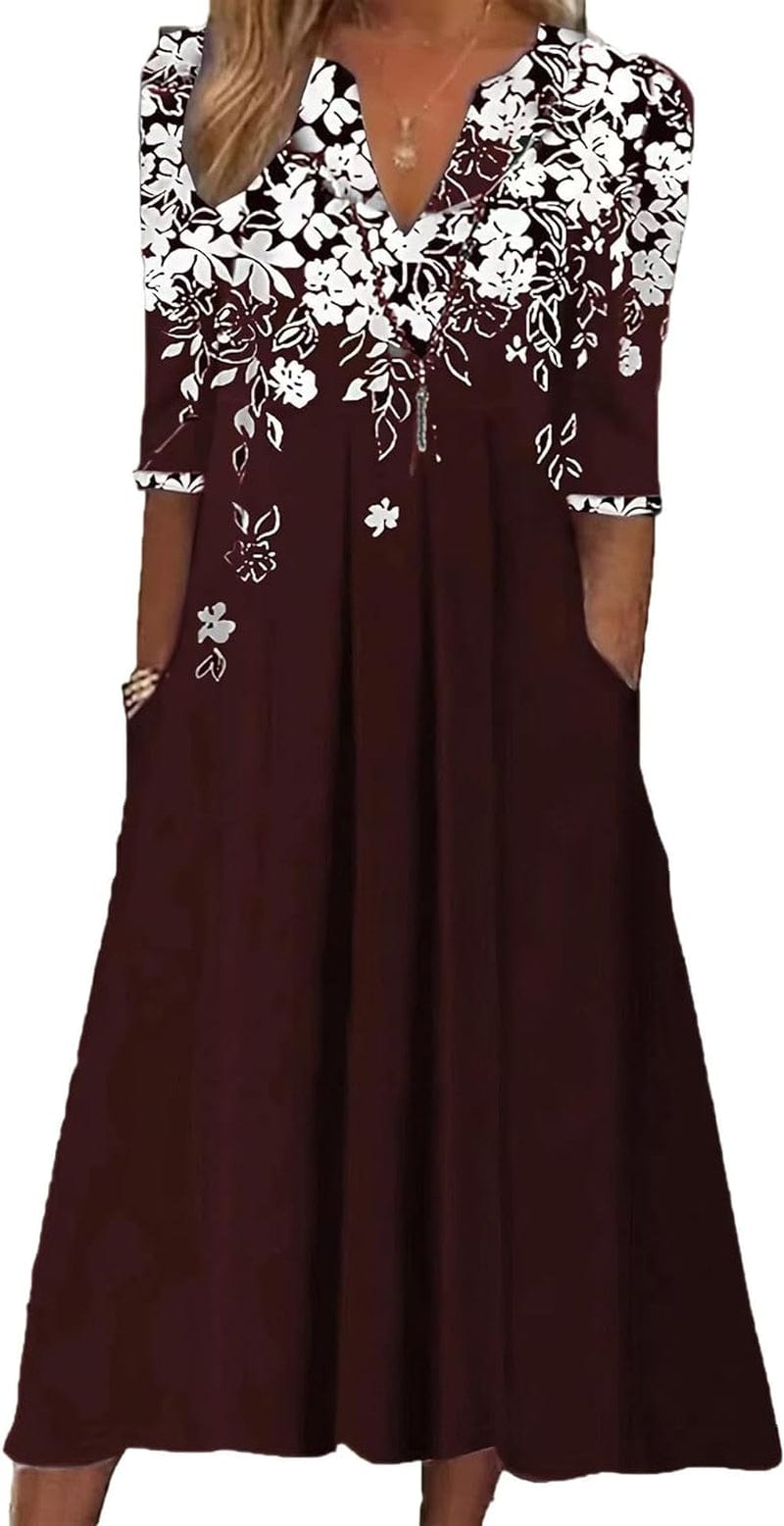 Akivide Women'S Fall 3/4 Sleeve V-Neck Boho Floral Print Dress Casual Loose High Waist Pullover Dresses for Women with Pocket Color_Red / X-Large