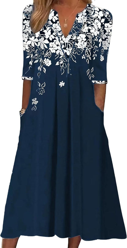 Akivide Women'S Fall 3/4 Sleeve V-Neck Boho Floral Print Dress Casual Loose High Waist Pullover Dresses for Women with Pocket Color_Blue / Small