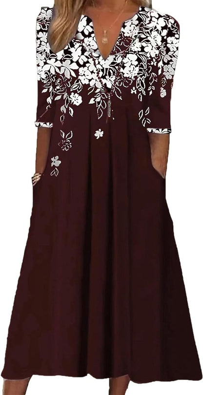 Akivide Women'S Fall 3/4 Sleeve V-Neck Boho Floral Print Dress Casual Loose High Waist Pullover Dresses for Women with Pocket Color_Red / Small