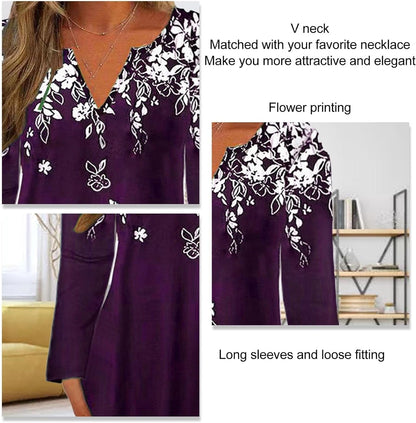 Akivide Women'S Fall 3/4 Sleeve V-Neck Boho Floral Print Dress Casual Loose High Waist Pullover Dresses for Women with Pocket