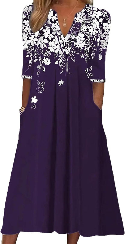 Akivide Women'S Fall 3/4 Sleeve V-Neck Boho Floral Print Dress Casual Loose High Waist Pullover Dresses for Women with Pocket