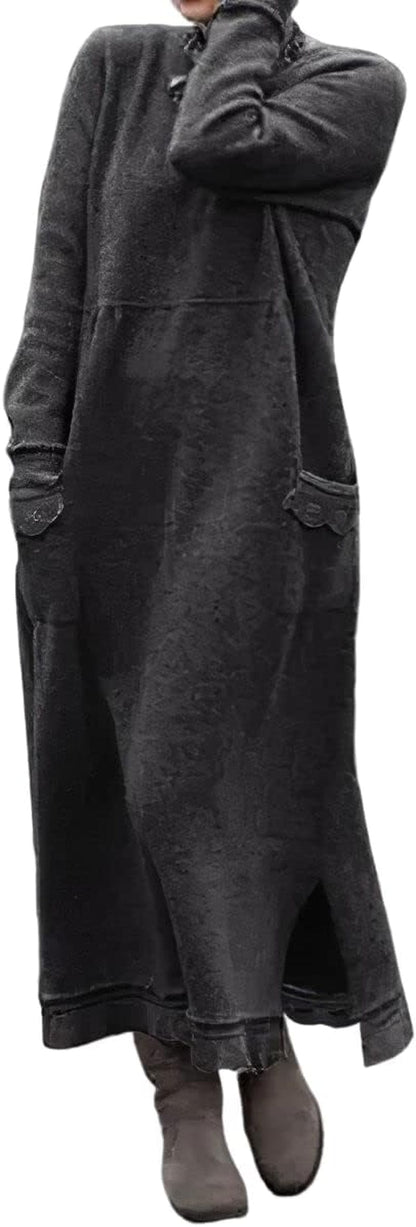 Akivide Women'S Fleece Pullover Sweatshirt Dress Casual Loose Crewneck Long Sleeve Maxi Dresses with Pockets Dark Gray / Xx-Large