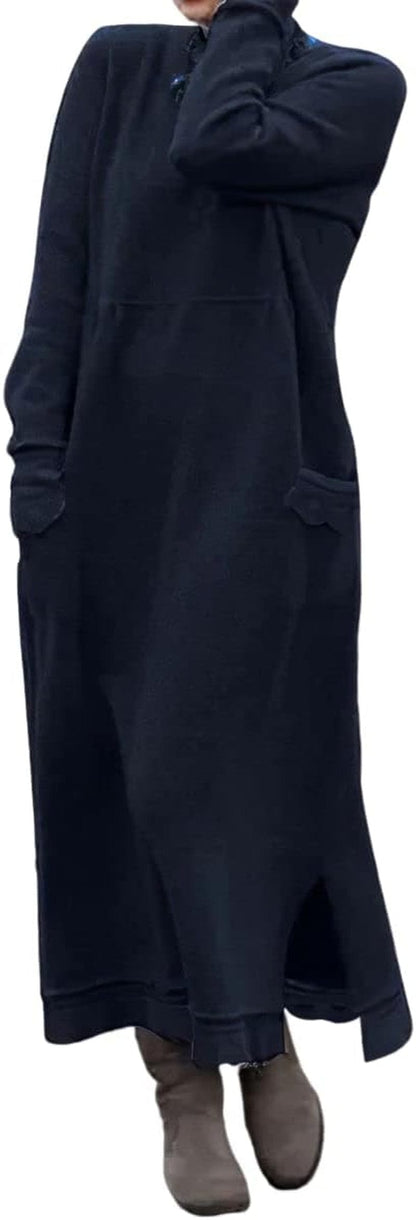 Akivide Women'S Fleece Pullover Sweatshirt Dress Casual Loose Crewneck Long Sleeve Maxi Dresses with Pockets Dark Blue / 3X-Large