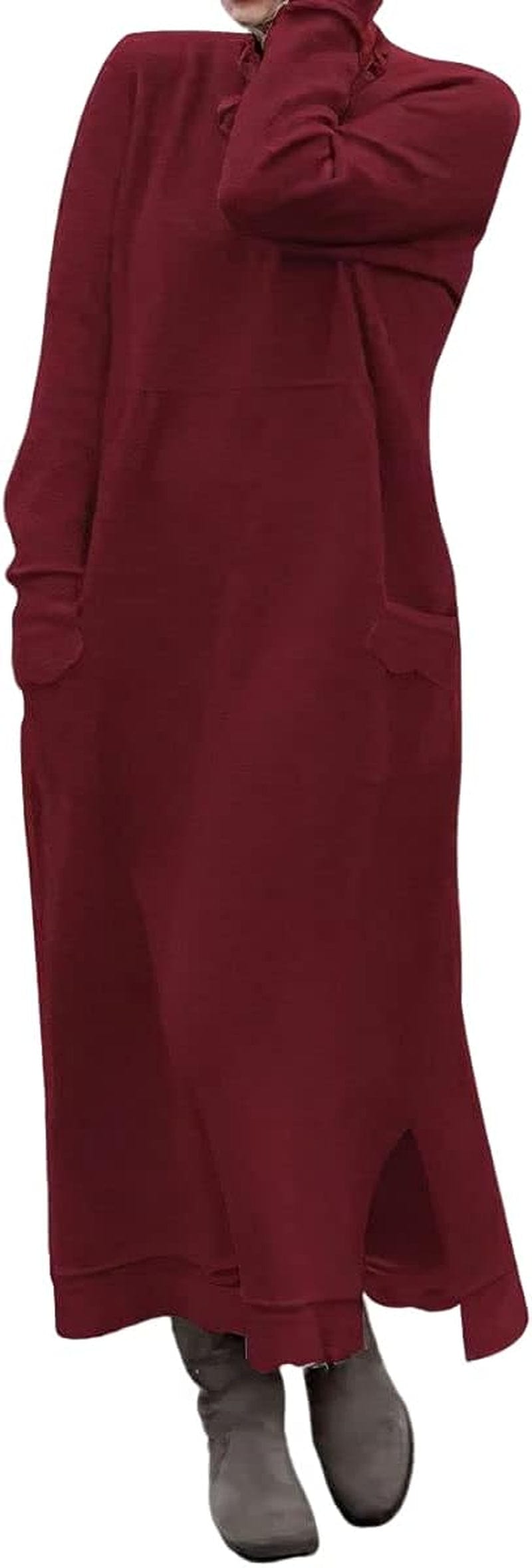 Akivide Women'S Fleece Pullover Sweatshirt Dress Casual Loose Crewneck Long Sleeve Maxi Dresses with Pockets Red / Xx-Large