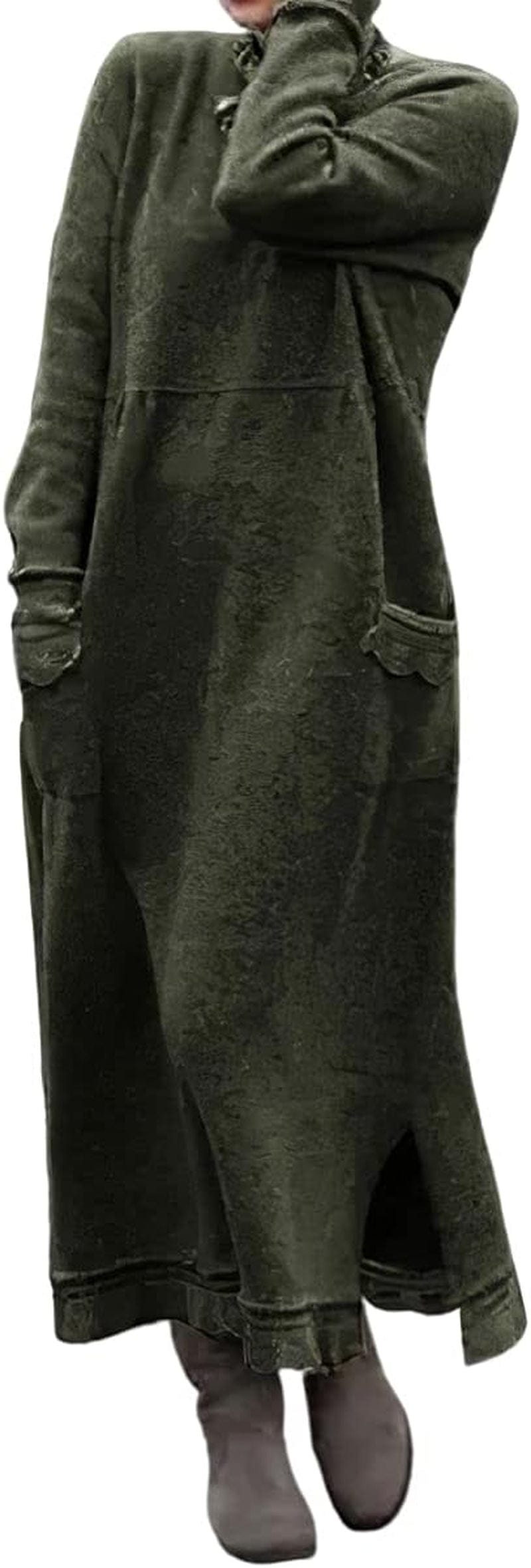 Akivide Women'S Fleece Pullover Sweatshirt Dress Casual Loose Crewneck Long Sleeve Maxi Dresses with Pockets Army Green / Small