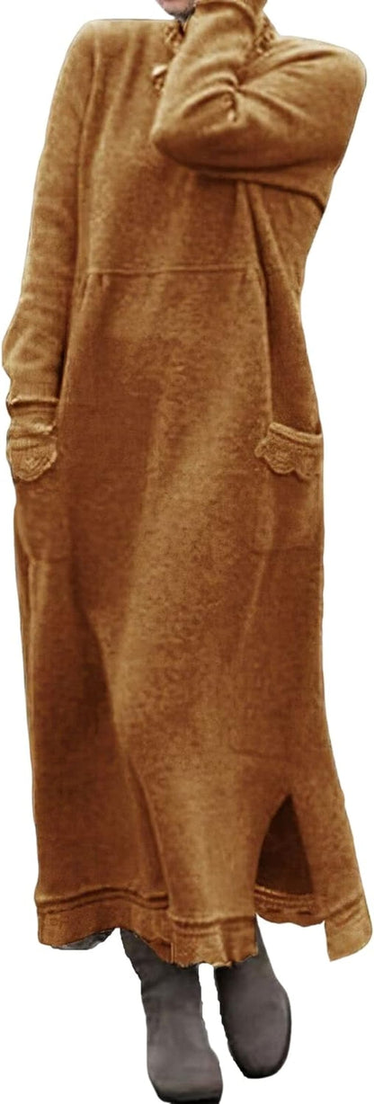 Akivide Women'S Fleece Pullover Sweatshirt Dress Casual Loose Crewneck Long Sleeve Maxi Dresses with Pockets Orange / Small