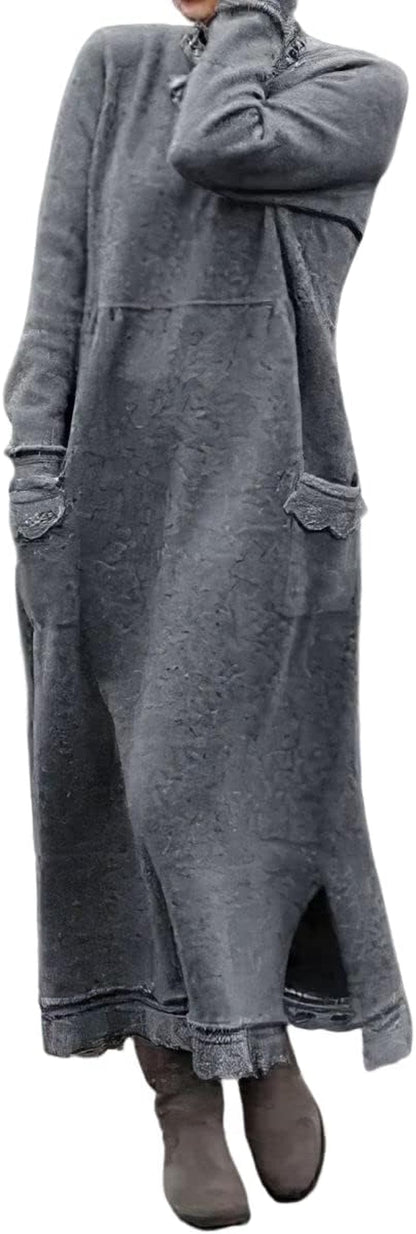 Akivide Women'S Fleece Pullover Sweatshirt Dress Casual Loose Crewneck Long Sleeve Maxi Dresses with Pockets Light Gray / Small